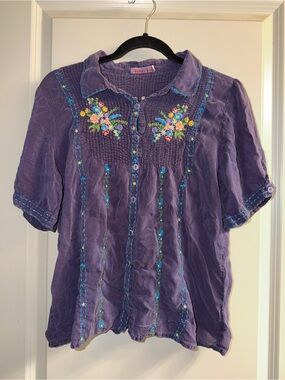 Johnny Was Embroidered Purple Button-Front Women's Top